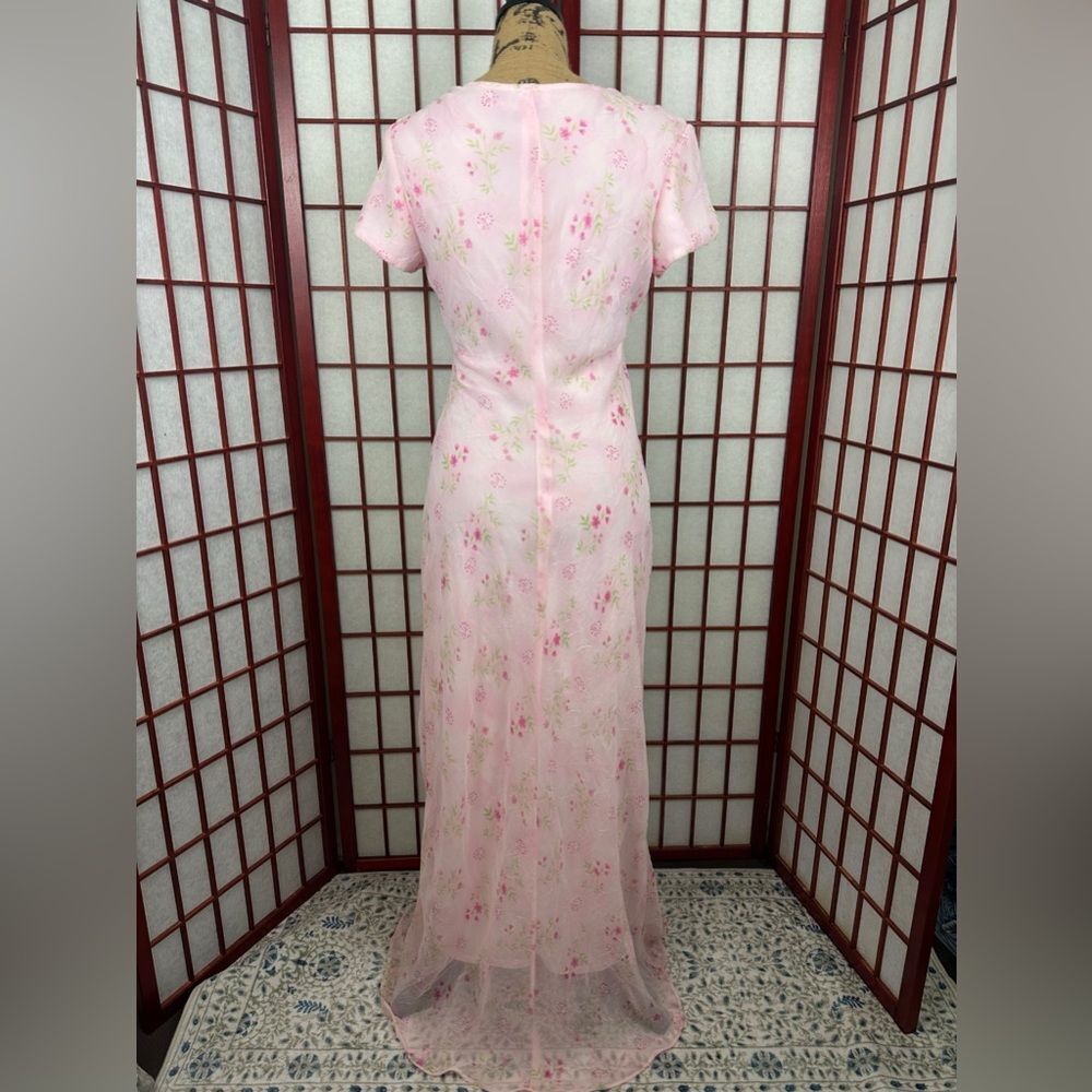 Vintage Jody California Fairycore Cottagecore Pink Floral Chiffon Maxi Dress - Picture 2 of 7